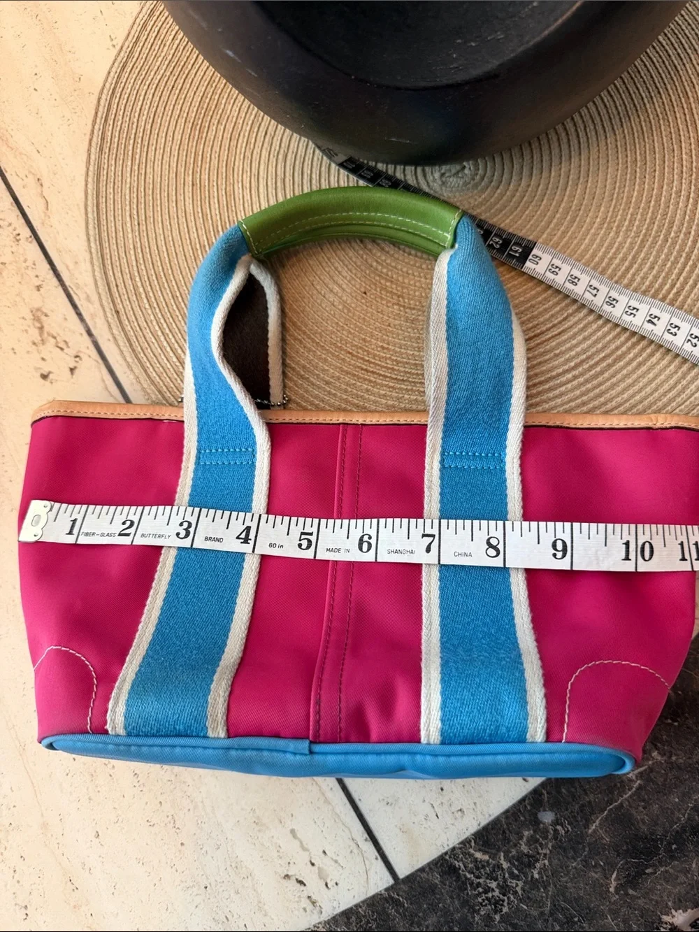 Coach Vintage Leatherware 2005 Pink and Blue Nylon Tote with Green Trim Retail